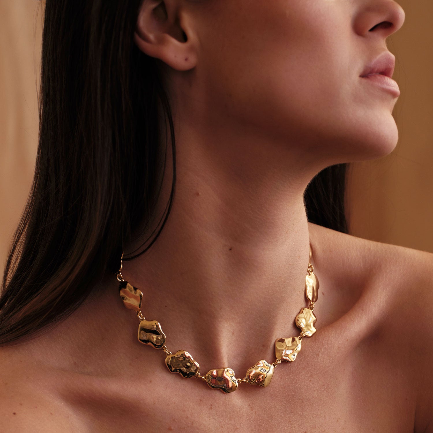 Hammered Gold Chain Necklace Styled on Model