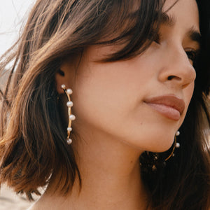 Organic Shaped Gold and Pearl Hoop Earrings Styled on Model