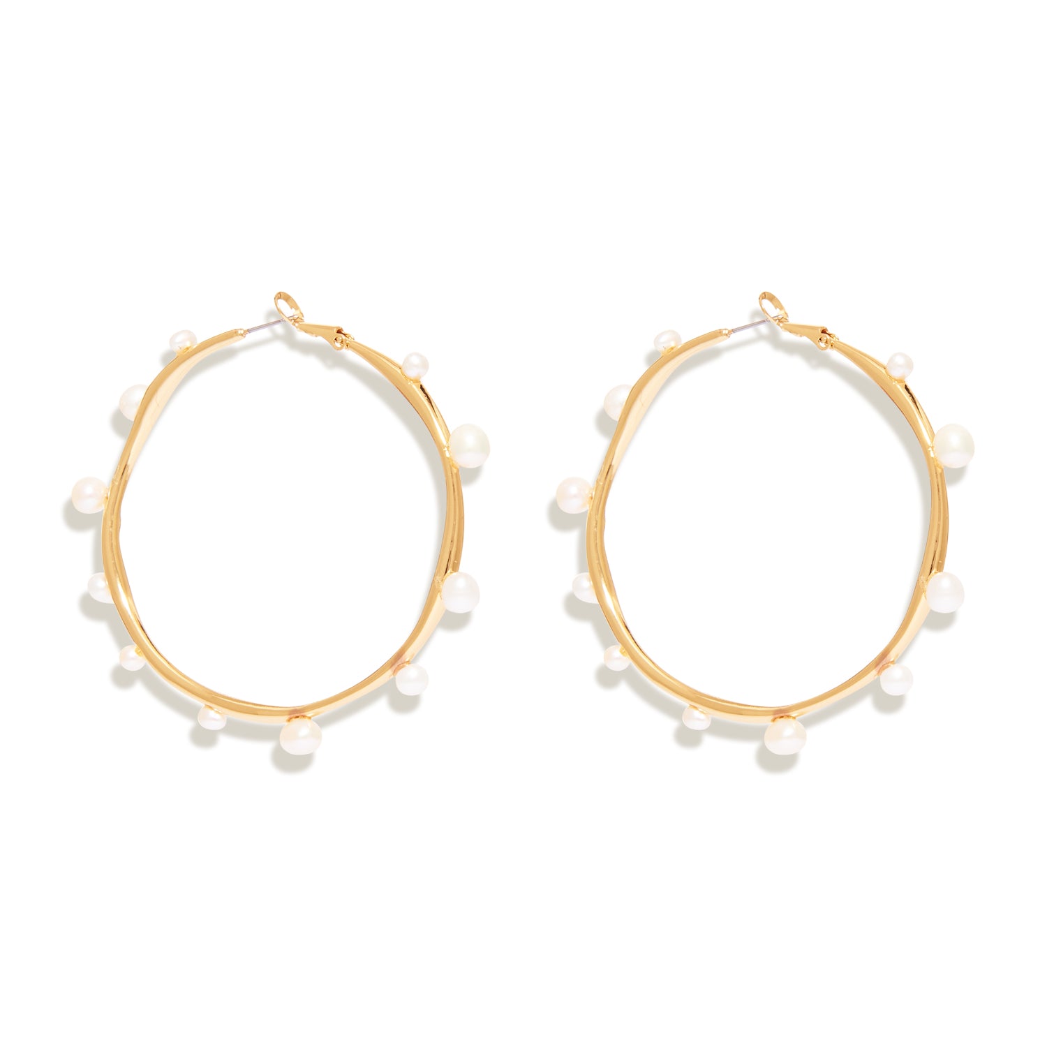 Organic Shaped Gold and Pearl Hoop Earrings On Flat White Background
