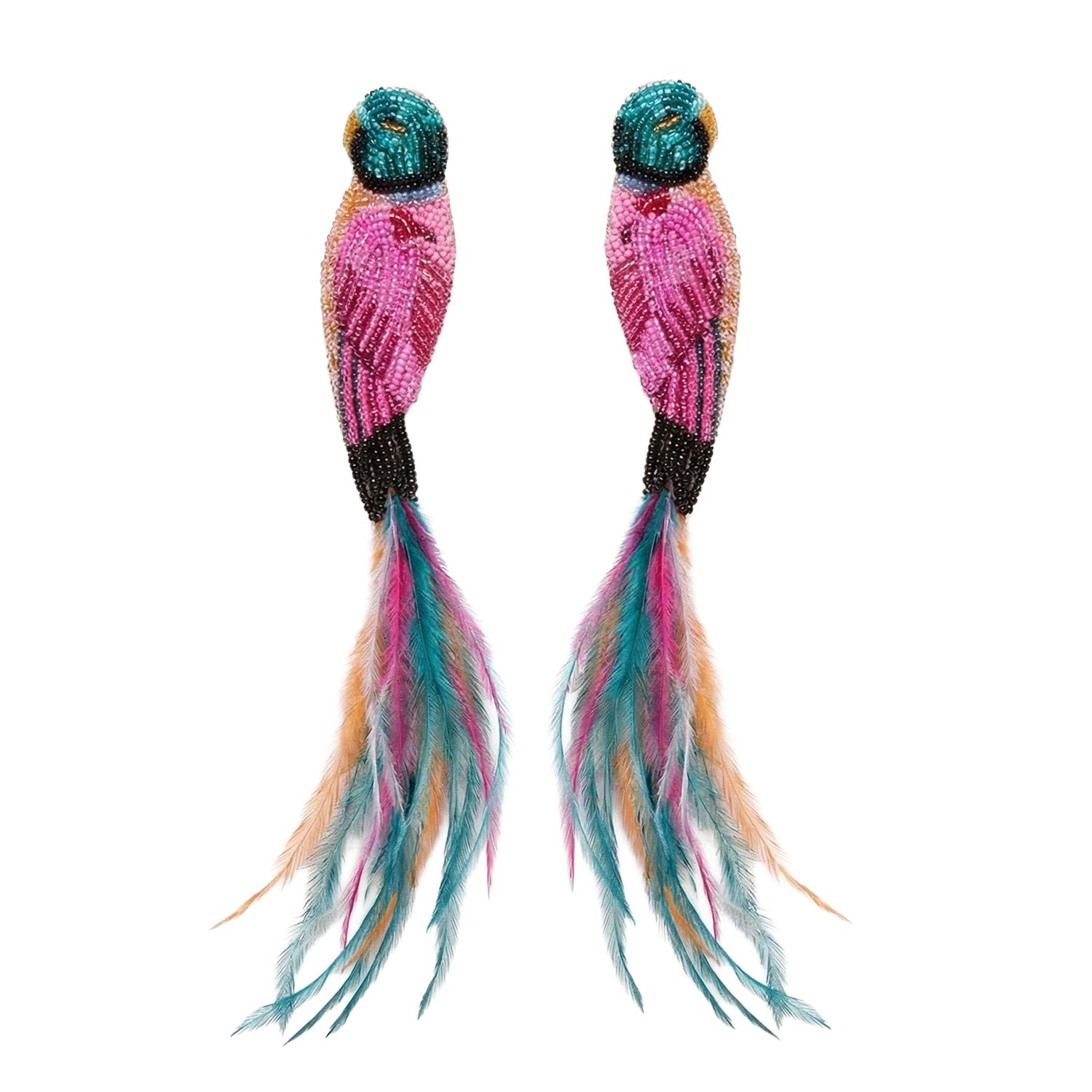 Colorful parrot-shaped earrings with long tails on a white background