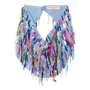 Pastel Multi Colored Sequins On Blue Fabric Base Scarf Necklace on Flat White Background