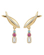 Gold fish-shaped earring studs with crystal drops against white background