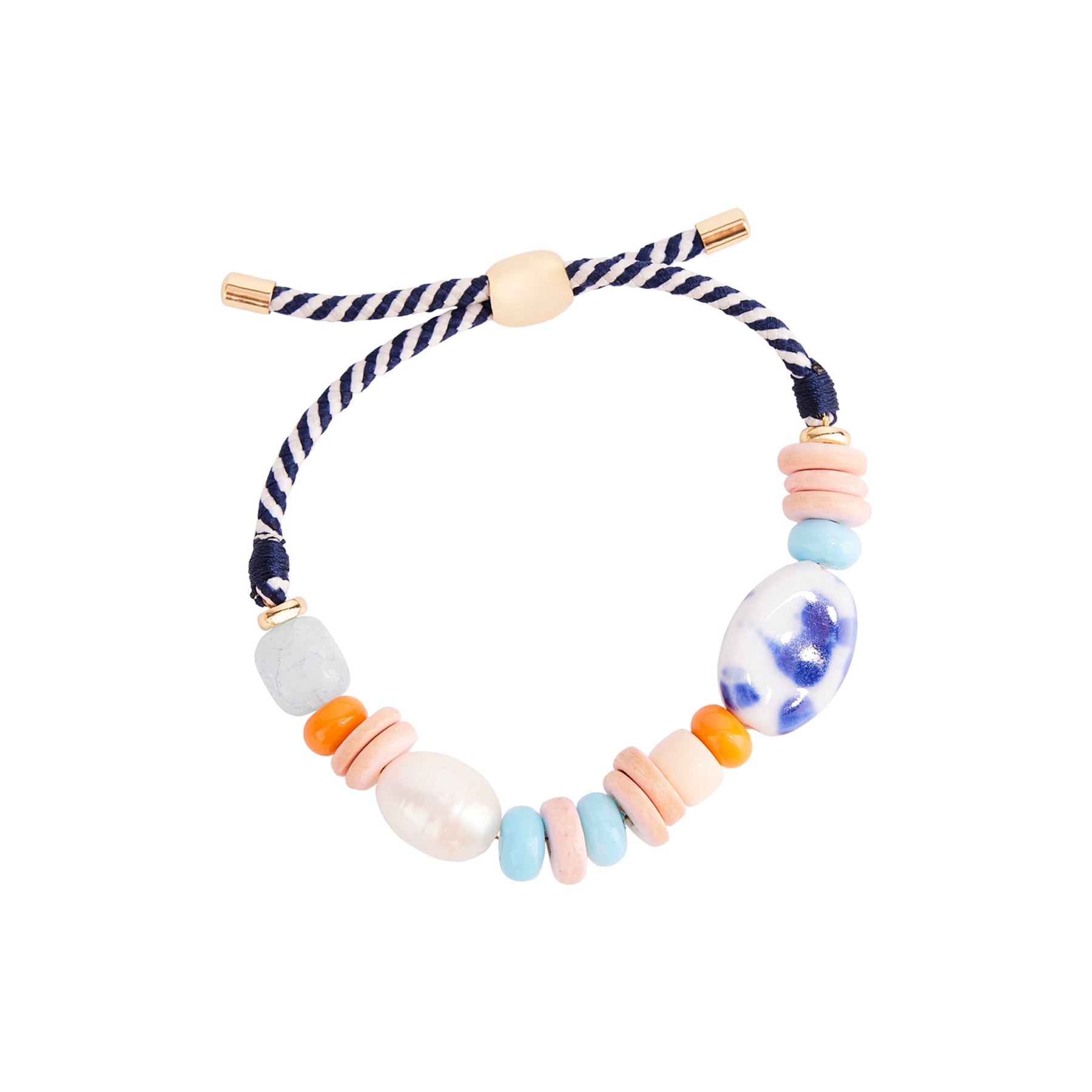 Orange and Blue Multi Bead and Pearl Bracelet on Flat White Background