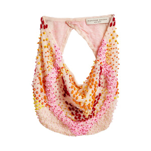 Peachy Pink Scarf Necklace with Red, Pink, Yellow, and Orange Beading and Embroidery Scarf Necklace on White Background