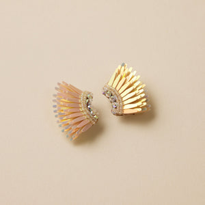 Peachy Yellow Sequin and Bead Micro Madeline Earrings on Flat Cream Background