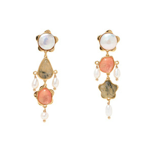Pearl and Stone Drop Earrings on Flat White Background
