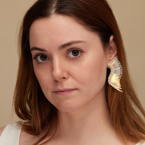 Sequin and Beaded Peachy Yellow Reflective Wing Earrings on Model