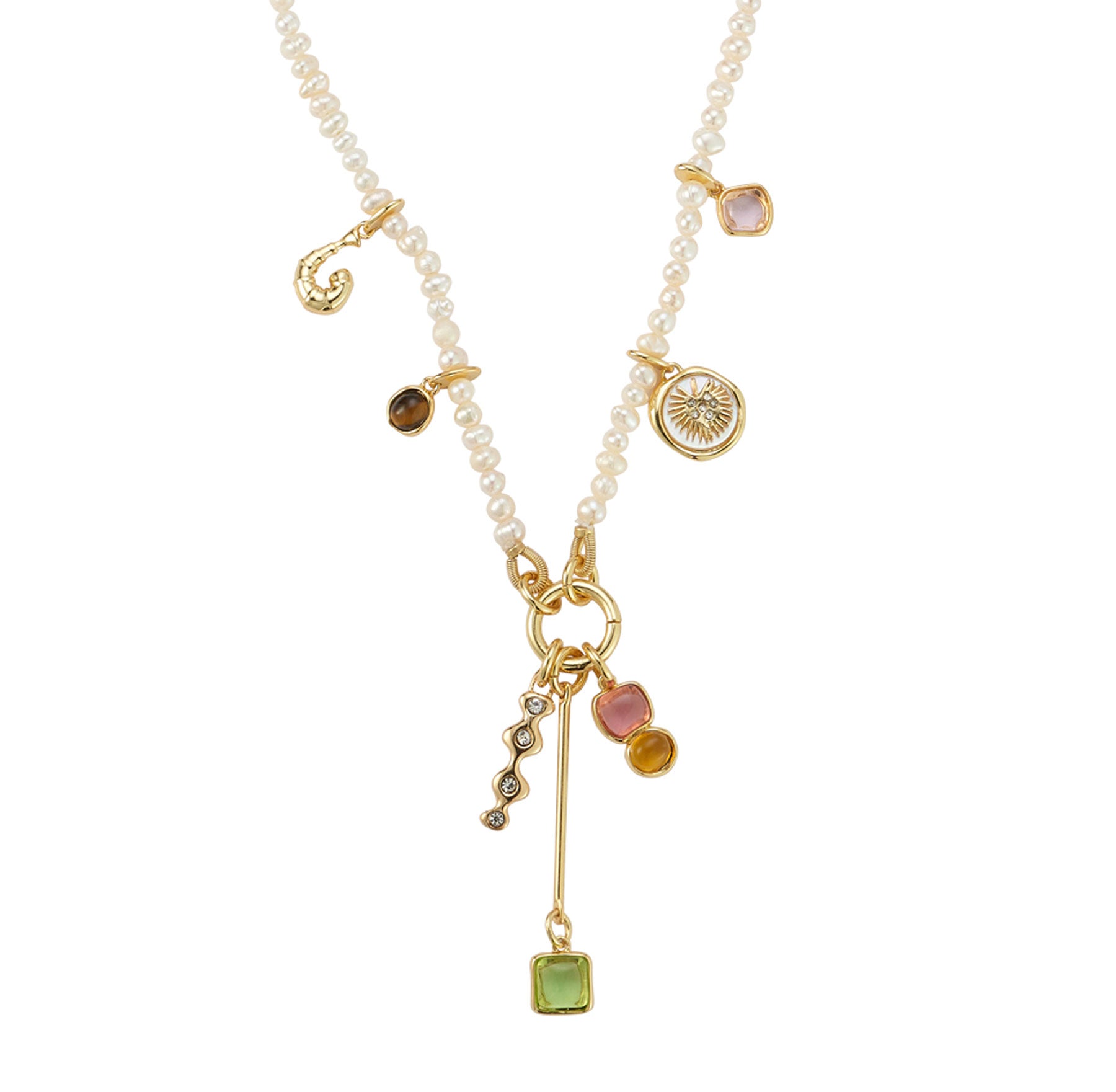 Pearl and Charm Necklace on Flat White Background