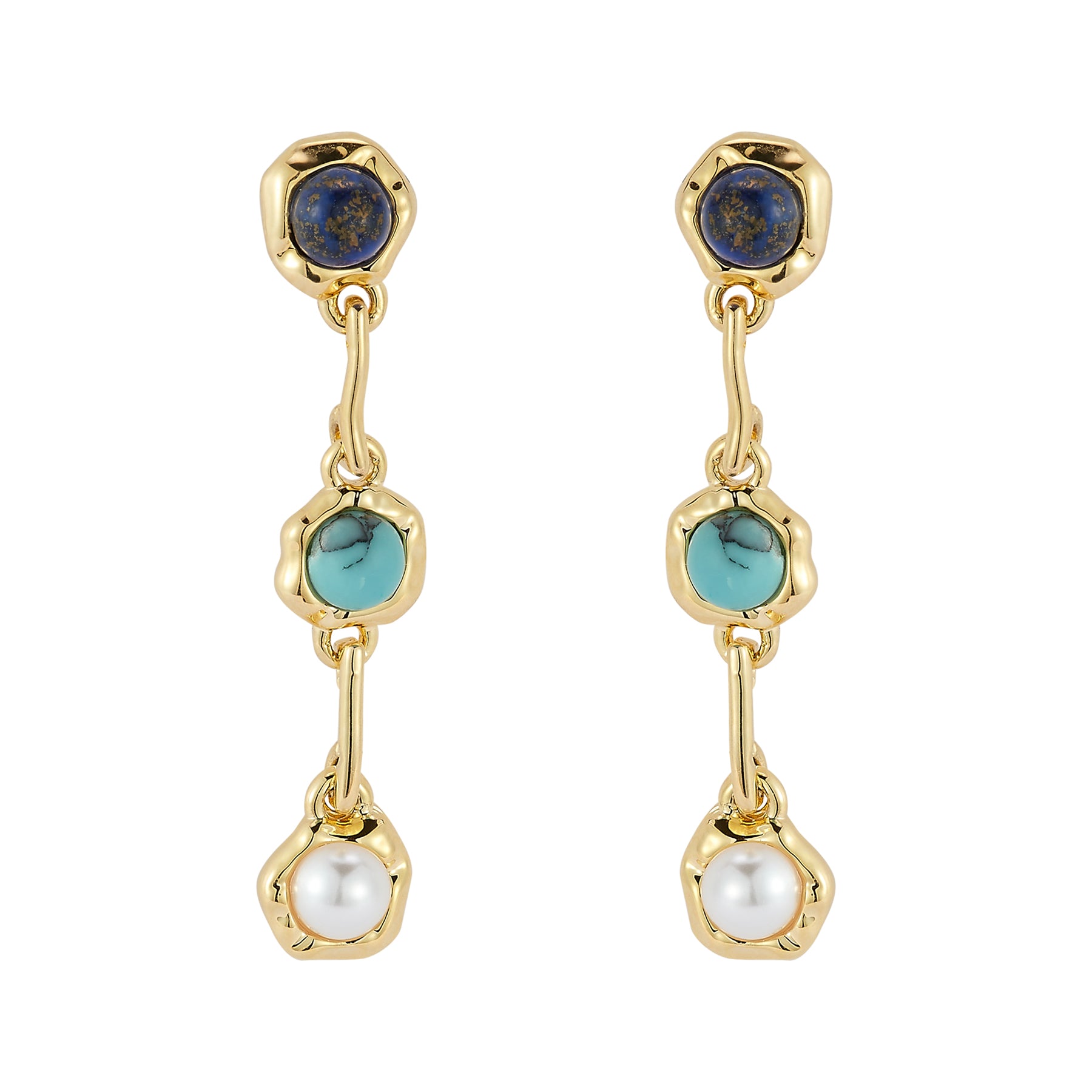 Stone and Pearl Gold Drop Earrings on Flat White Background