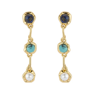 Stone and Pearl Gold Drop Earrings on Flat White Background
