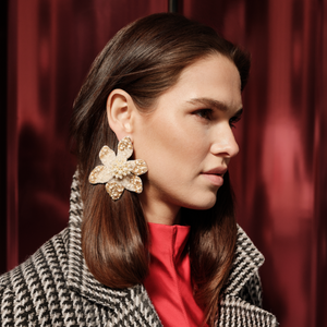 Cream and Tan Bead and Pearl Flower Drop Earrings Styled on Model