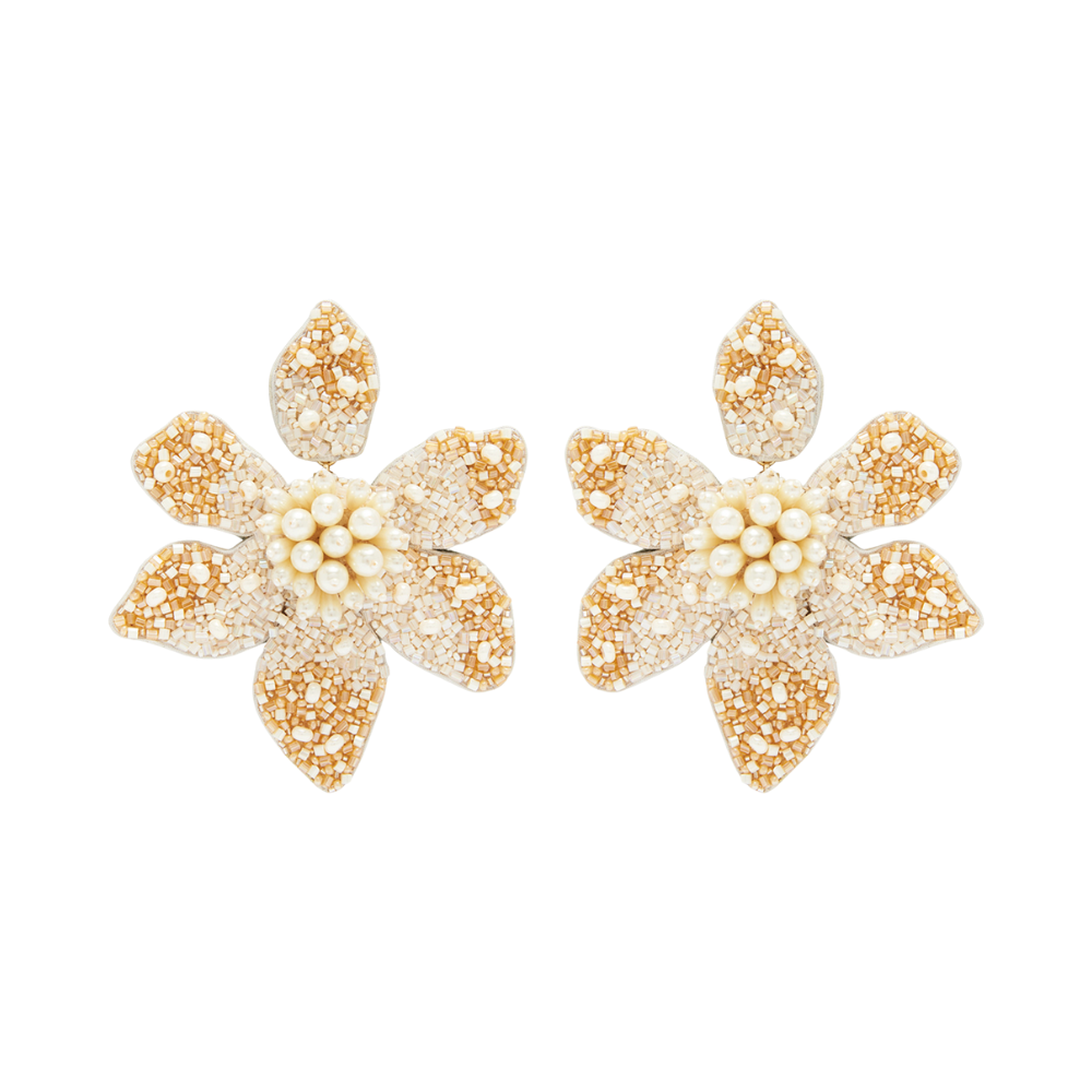 Cream and Tan Bead and Pearl Flower Drop Earrings on Flat White Background
