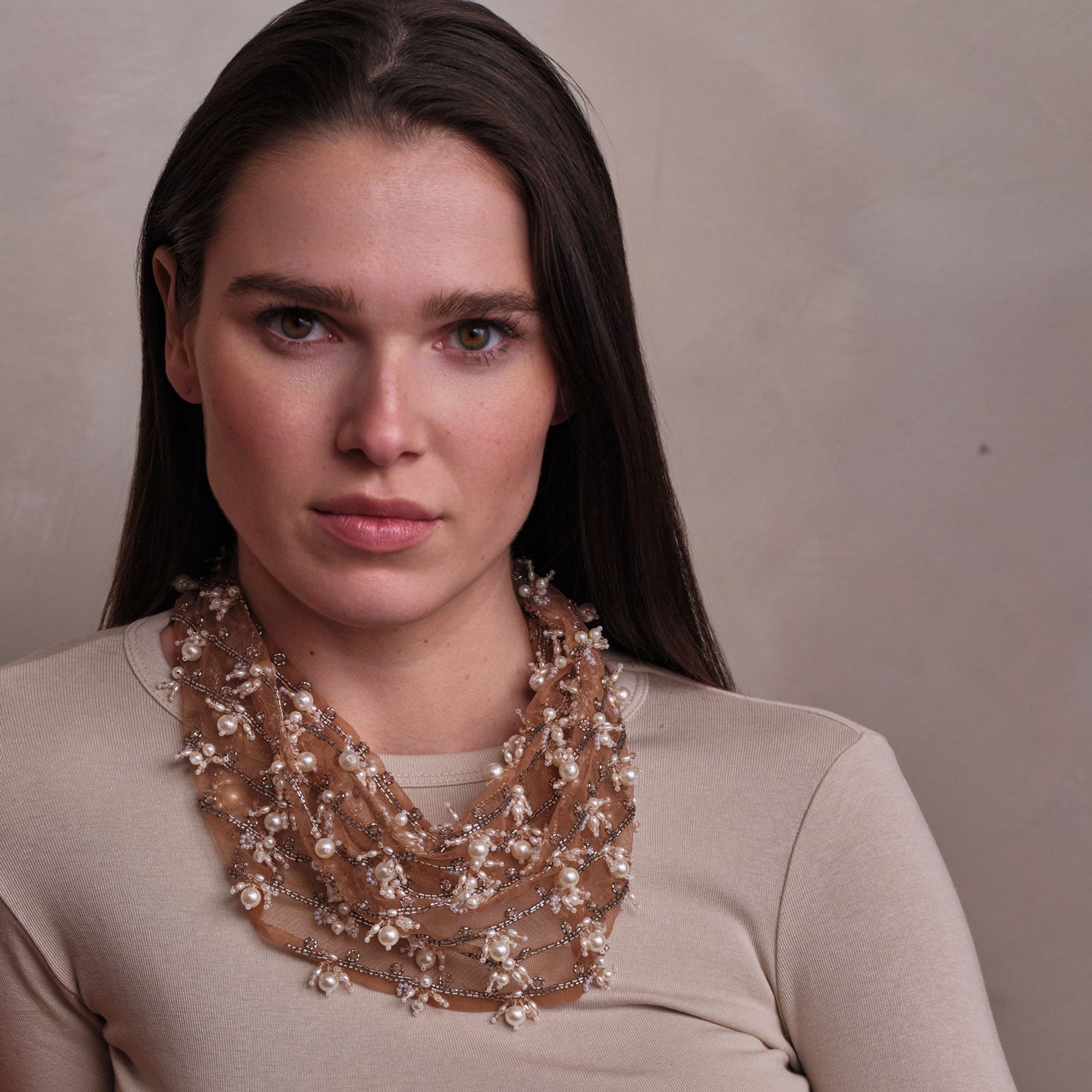 Pearl and Bead Embroidered Scarf Necklace Styled on Model