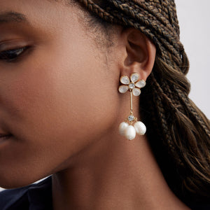 Crystal, Pearl, and Gold Flower Drop Earrings Styled on Model