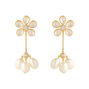 Crystal, Pearl, and Gold Flower Drop Earrings on Flat White Background