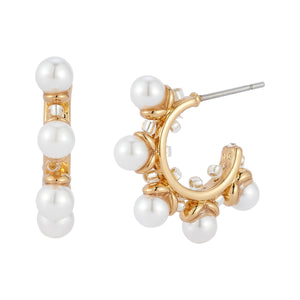 White Pearl and Gold Hoop Earrings on Flat White Background