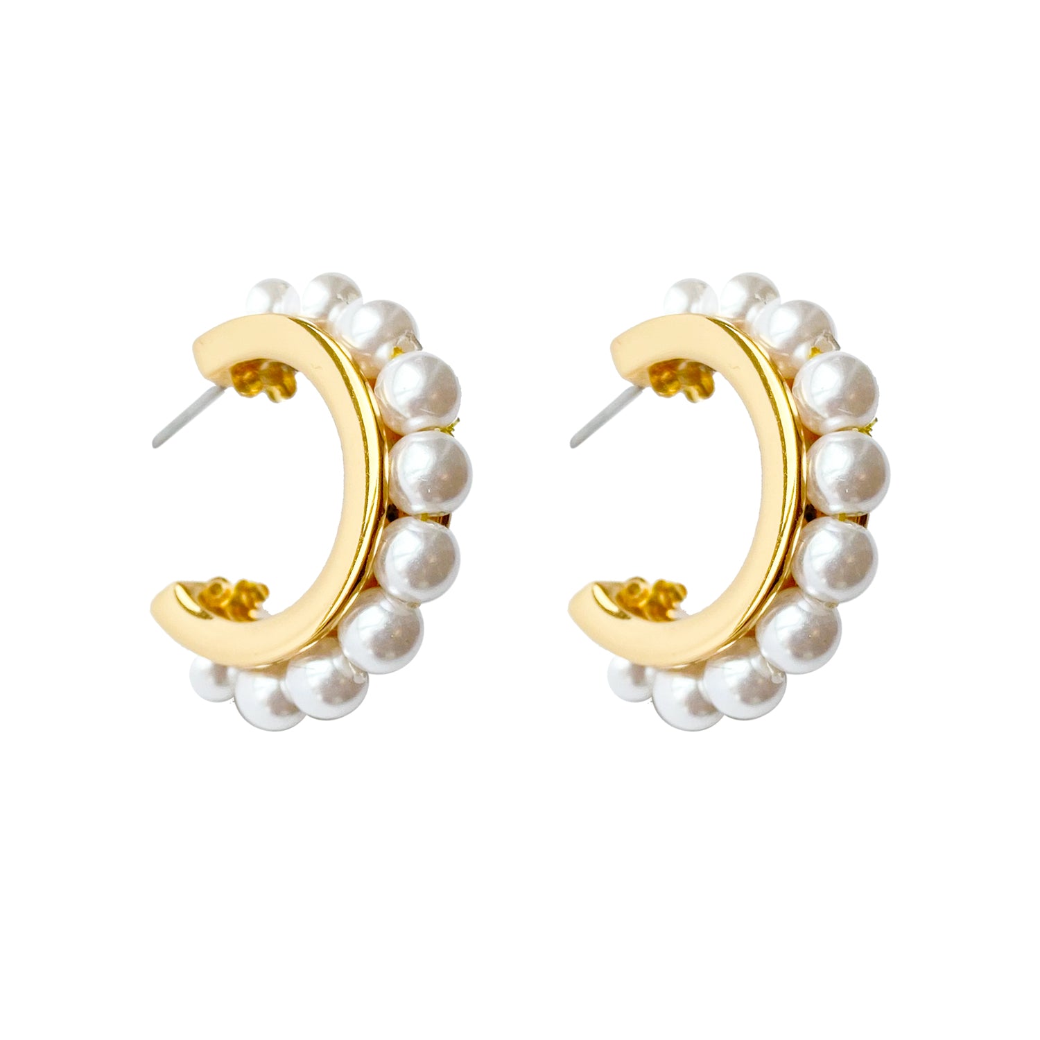 Pearl and Gold Hoop Earrings Styled on White Background