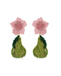Green pear with pink floral topper earrings made of beads on white background
