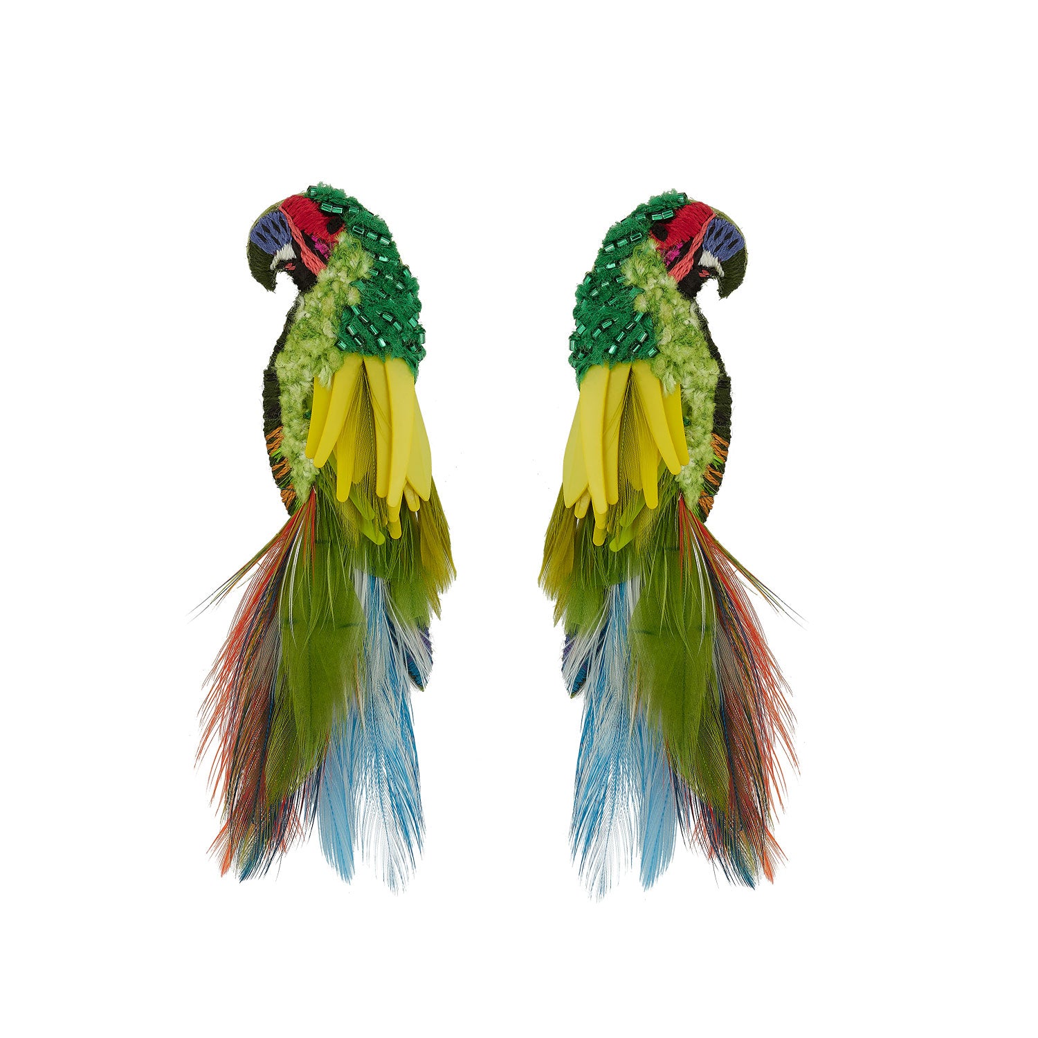 Sequin and Feathers Embroidered into Bird shaped earrings on white background