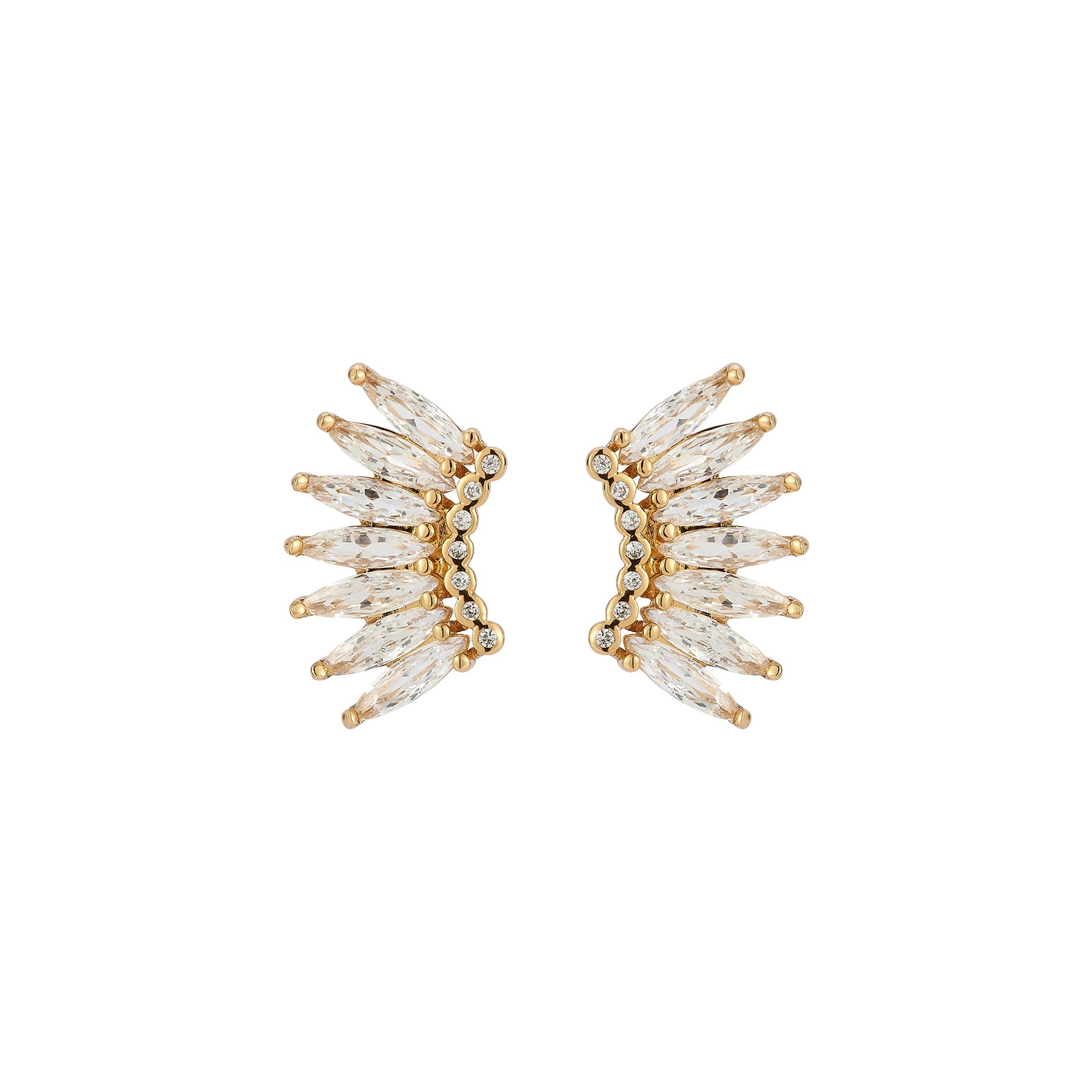 Gold and clear wing-shaped earrings on a white background