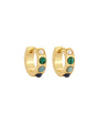 Gold hoop earrings with green and blue stones on a white background