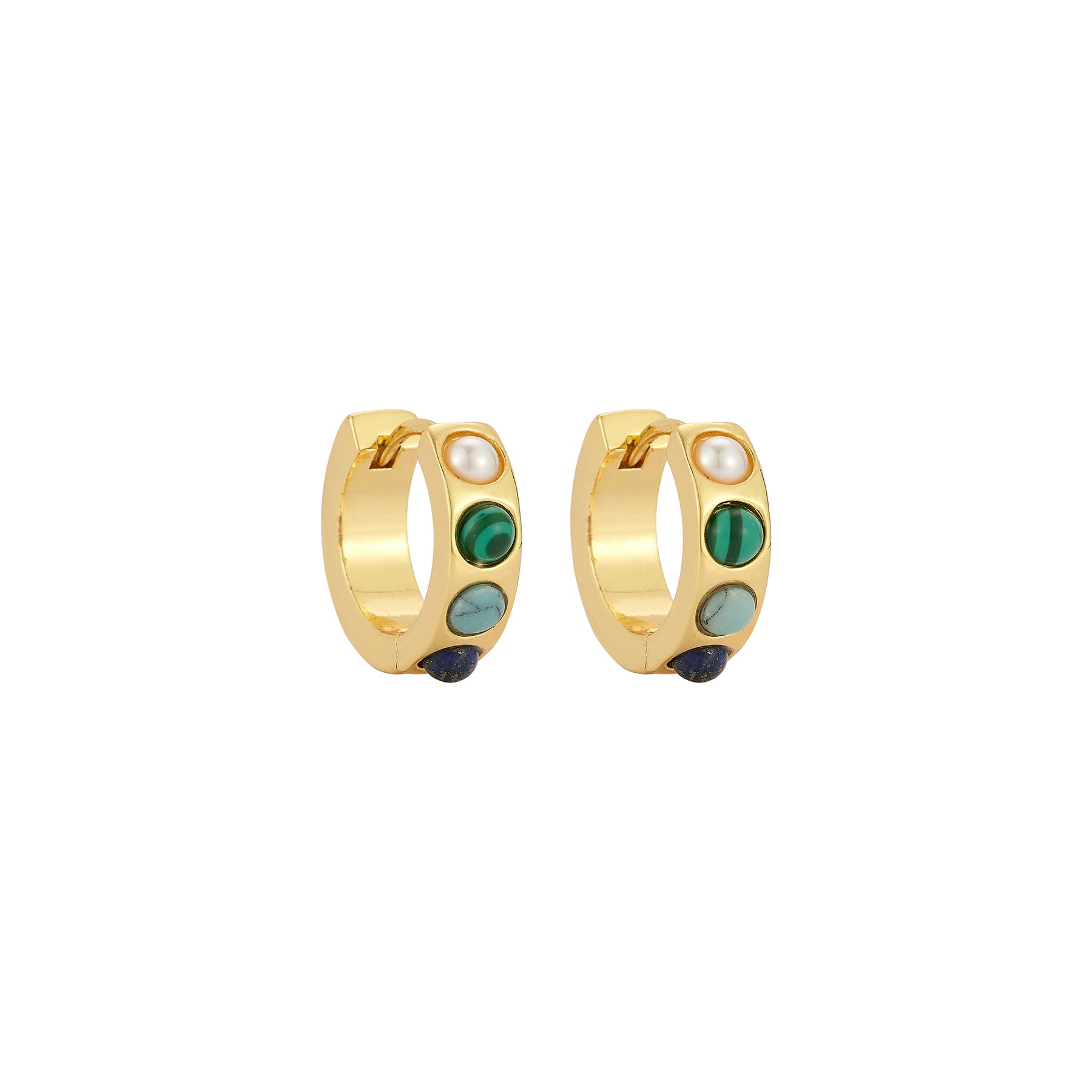 Gold hoop earrings with green and blue stones on a white background