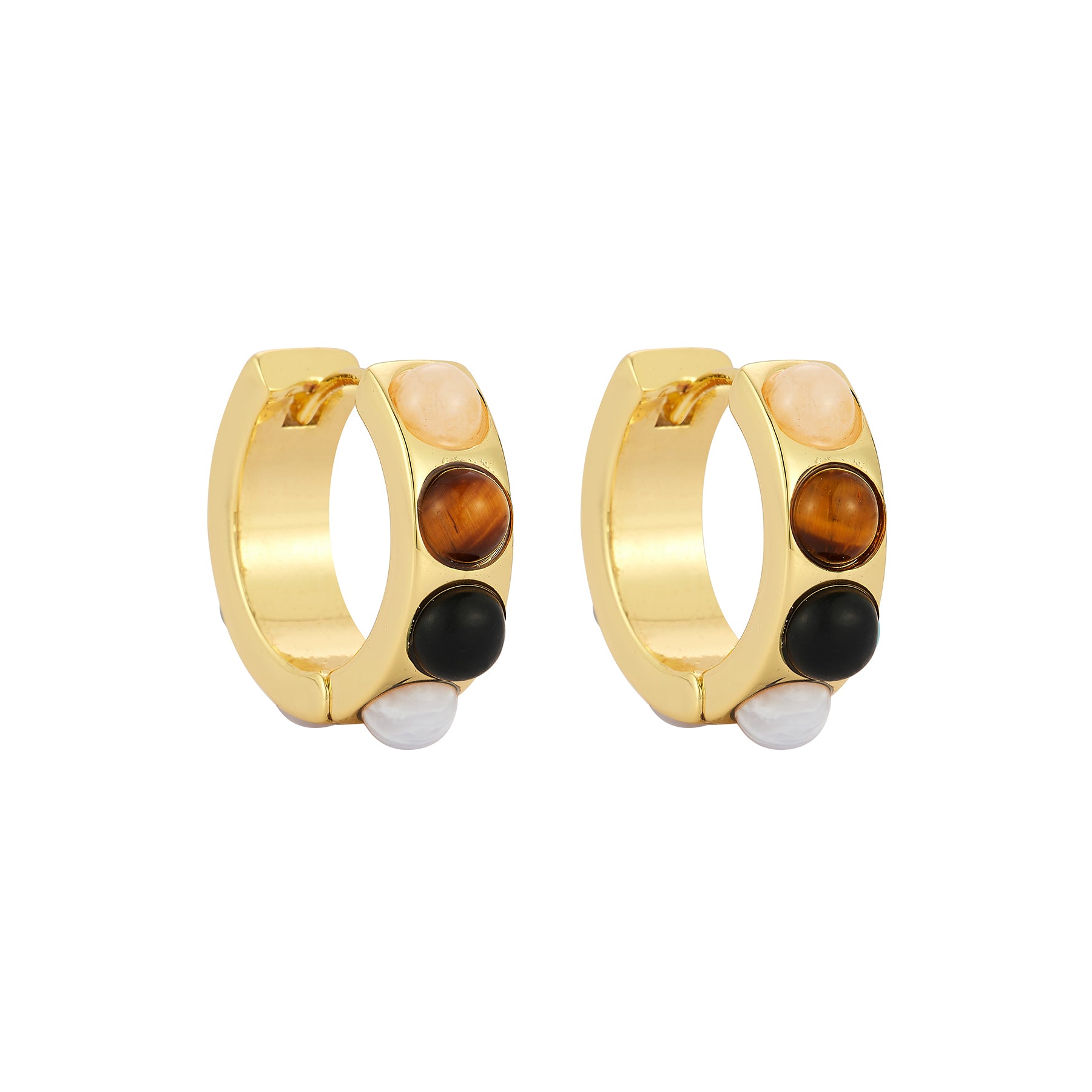 Gold hoop earrings with colored stones on a white background