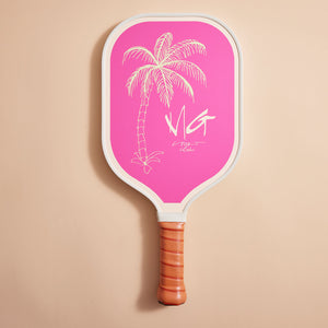 Pink MG Pickleball Paddle Racket with Leather Handle on Cream Background