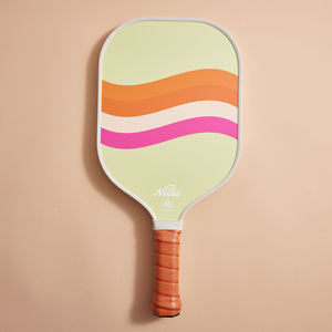 Yellow, Pink, Orange, Peach MG Pickleball Paddle Racket with Leather Handle on Cream Background