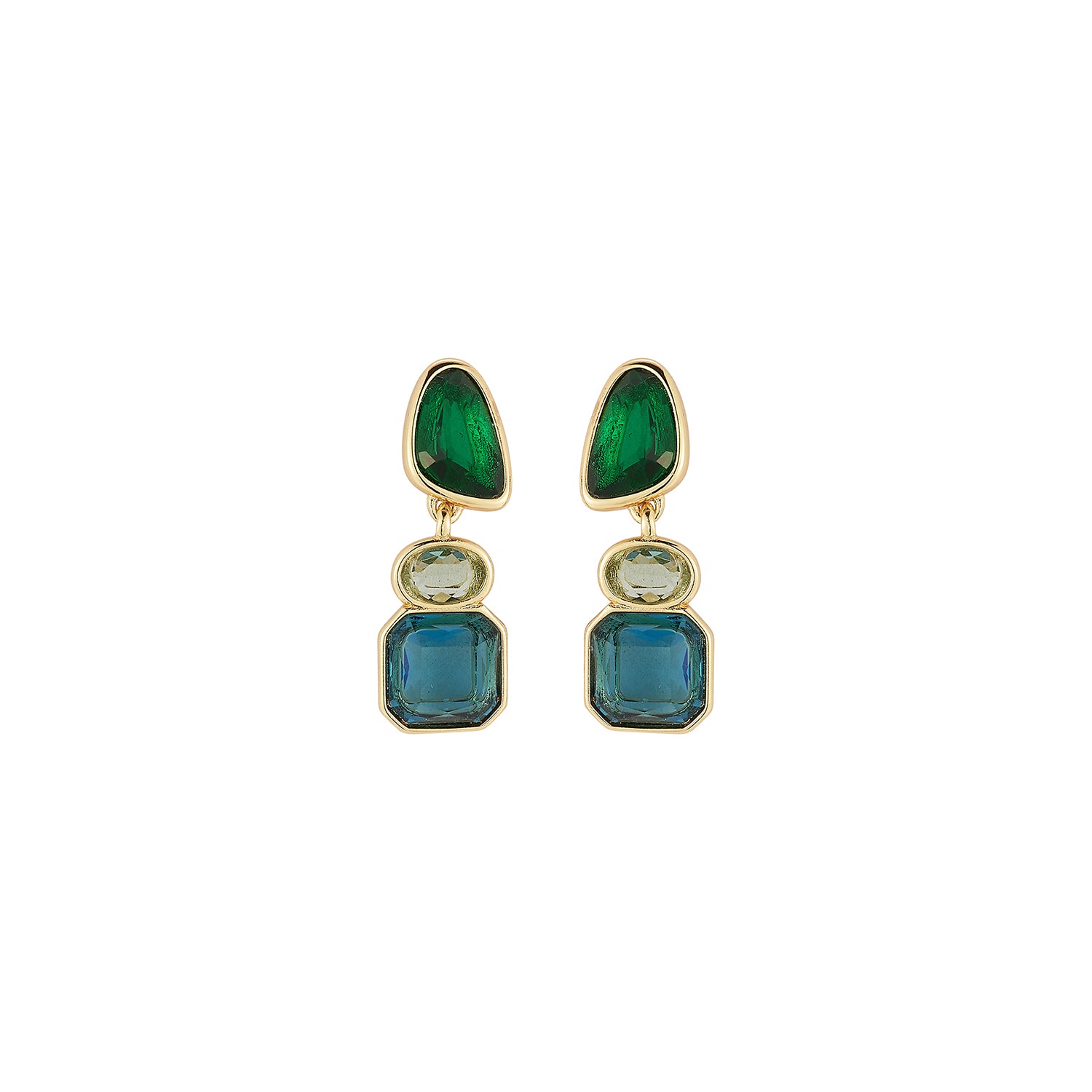 Gold-tone drop earrings featuring faceted green, blue, and clear rectangular stones in a geometric design on white