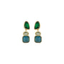 Gold-tone drop earrings featuring faceted green, blue, and clear rectangular stones in a geometric design on white