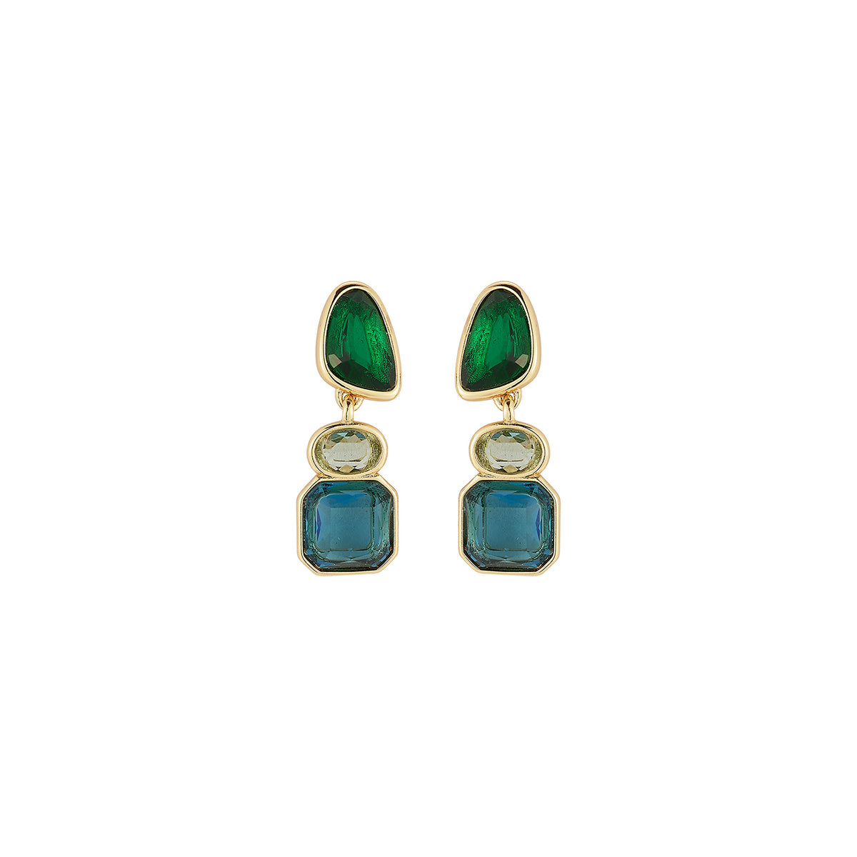 Gold-tone drop earrings featuring faceted green, blue, and clear rectangular stones in a geometric design on white