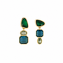 Gold-tone drop earrings featuring faceted green, blue, and clear rectangular stones in a geometric design on white