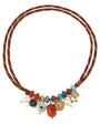 A bohemian-style multi-strand necklace featuring brown cords, colorful beads, faux pearls, and various decorative charms including a Star of David, a Star of Bethlehem, and a gold-toned mezuzah case, displayed on a clean white background.