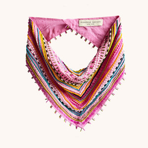 Pink Base with Multi-Colored Beading Embroidered Bandana on Tan Background