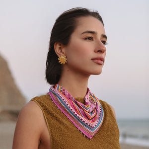 Pink Base with Multi-Colored Beading Embroidered Bandana Styled on Model