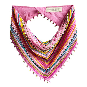 Pink Base with Multi-Colored Beading Embroidered Bandana on Flat White Background