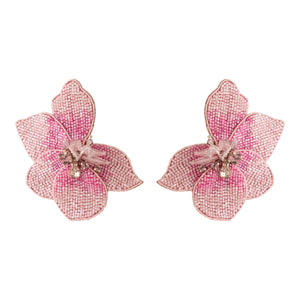 Pink Beaded and Crystal Flower Stud Earrings on Flat White Background