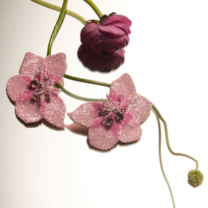 Pink Beaded and Crystal Flower Stud Earrings Staged with Flowers on Mirrored Surface