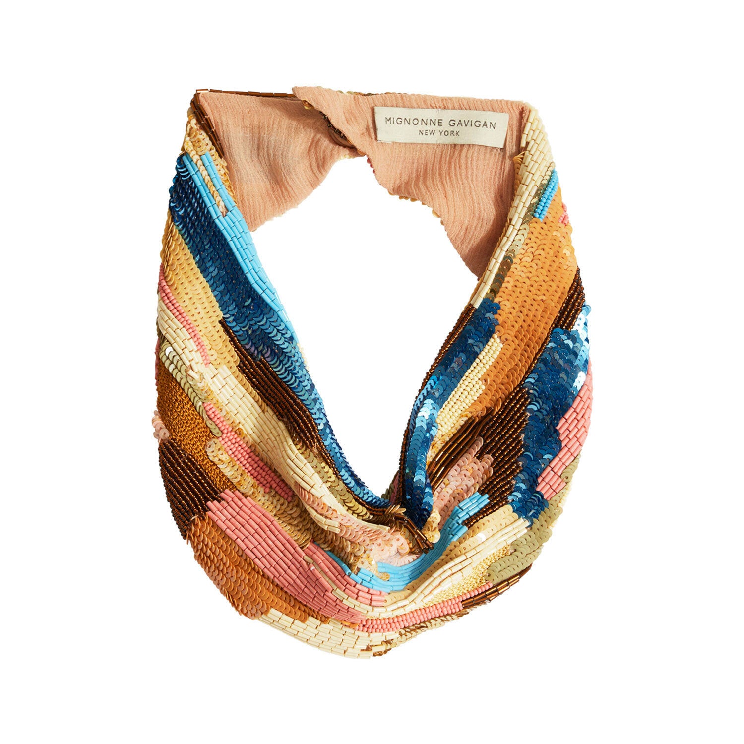 Colorful Sequin and Bead Embroidered Mini Scarf Necklace on Flat White Background