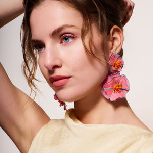 Pink, Blue, and Orange Beaded and Embroidered Flower Double Drop Earrings Styled on Model