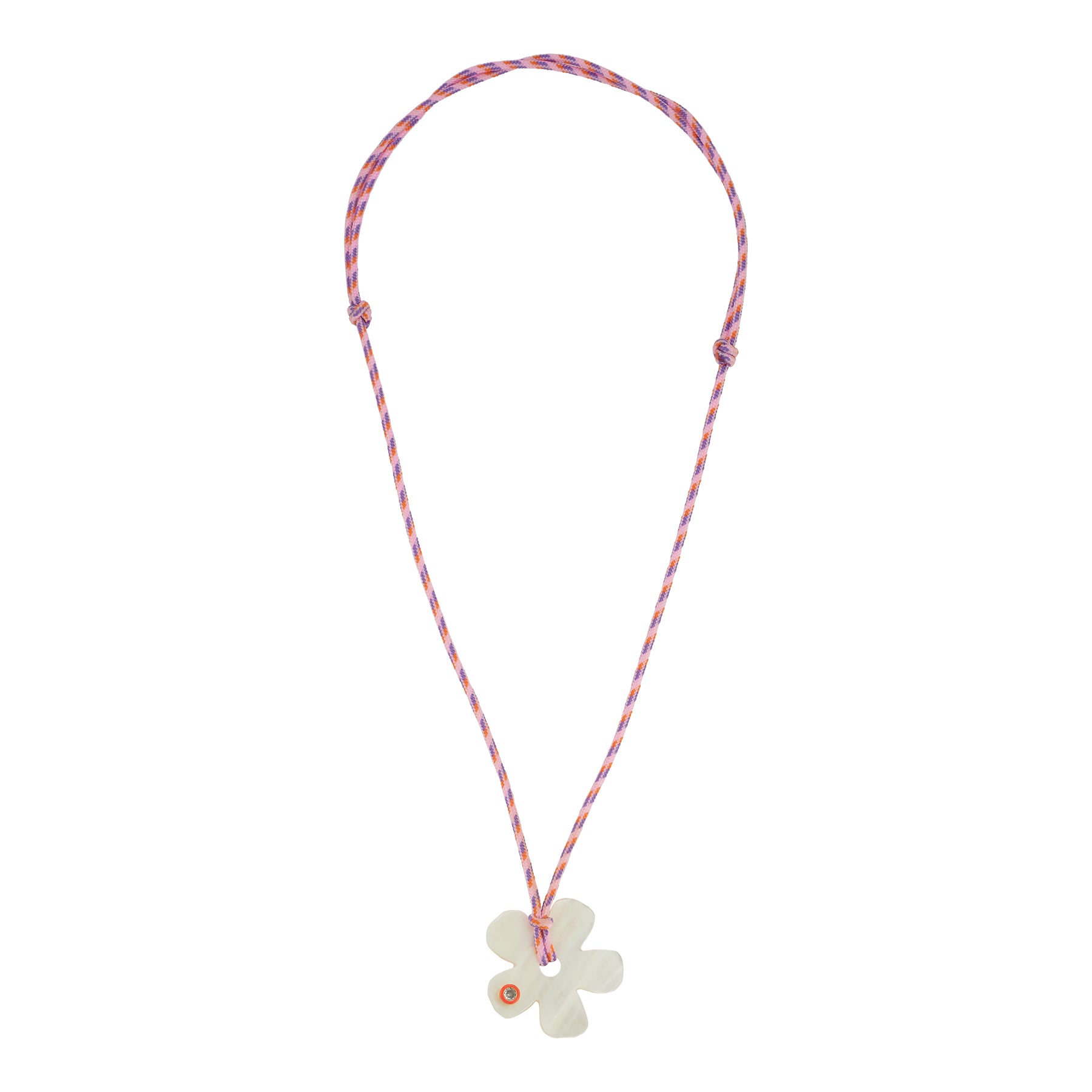 Pink Cord and White Flower Pendant Necklace on Flat White Background