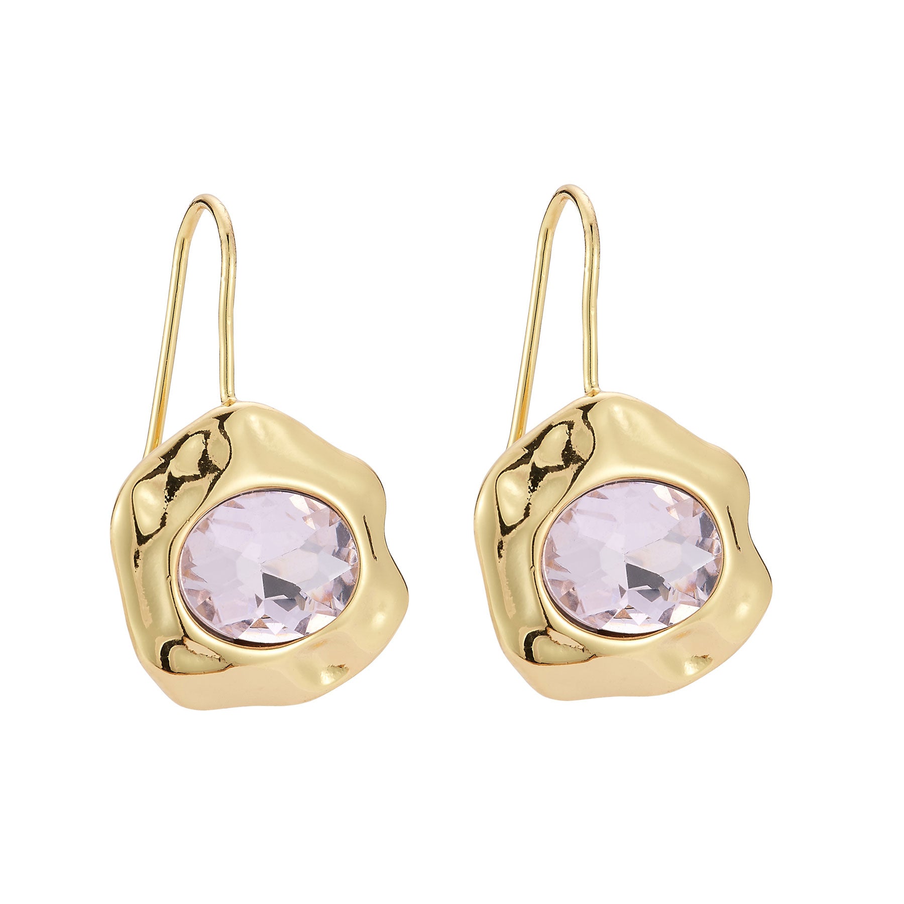 Pink Crystal and Gold Drop Earrings on Flat White Background