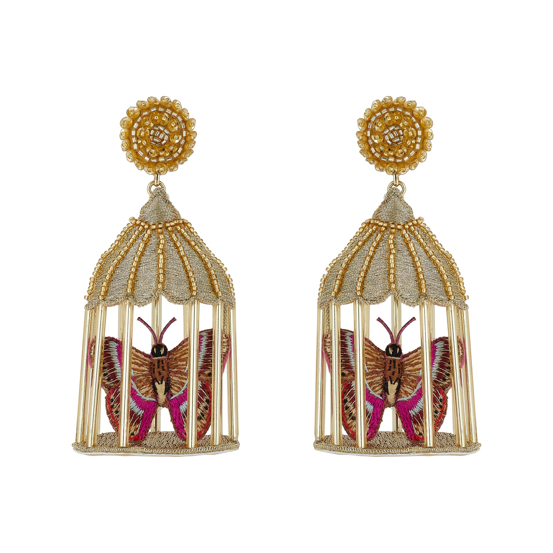 Earrings with butterfly design inside a cage on a white background
