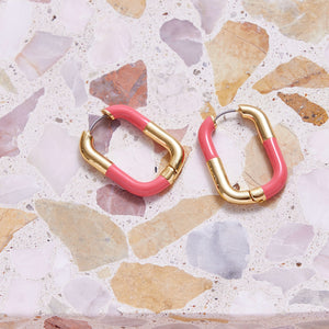Pink Enamel and Gold Hoop Earrings Styled on Tile