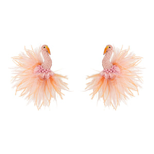 Feather and Beaded Pink Bird Earrings on Flat White Background