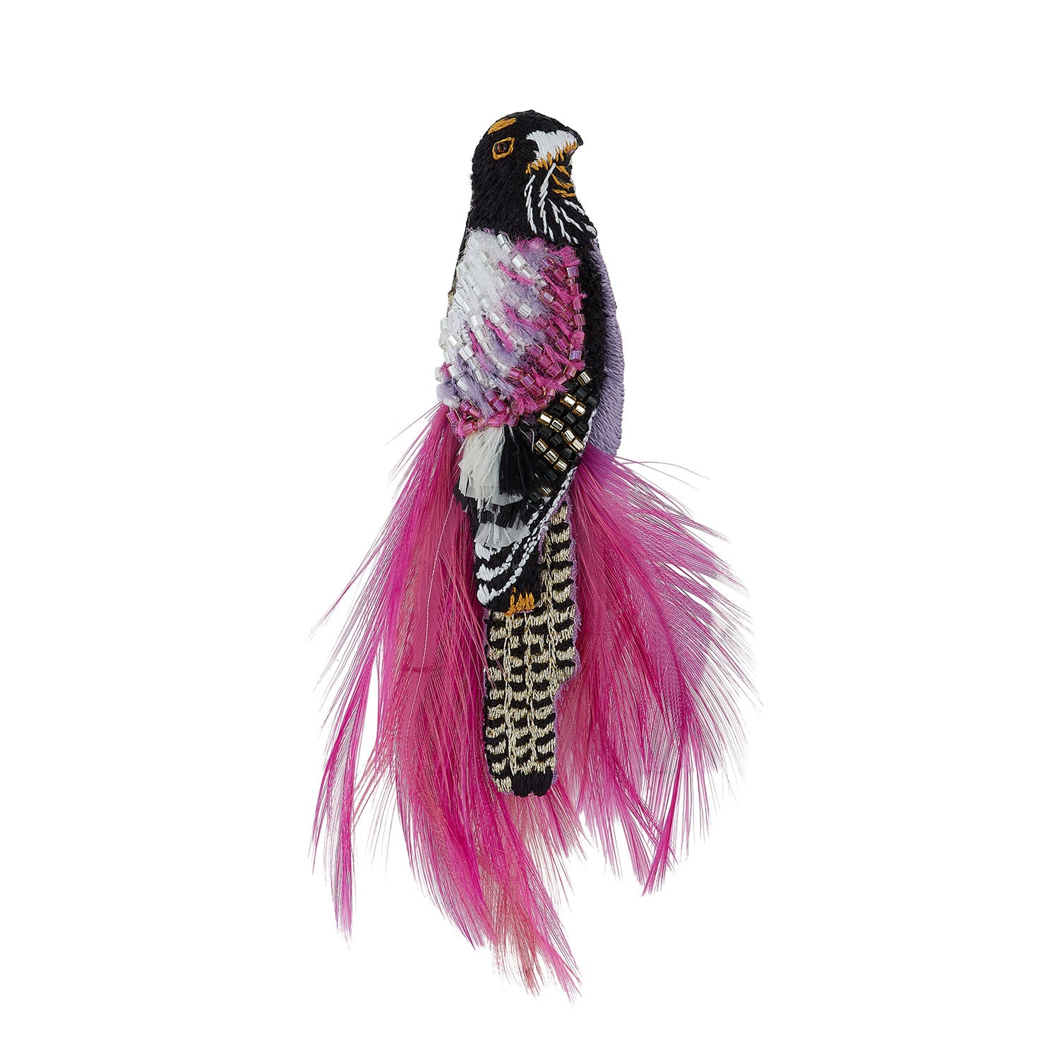 Magenta and Black Feather and Bead Embroidered Bird Brooch on White Background