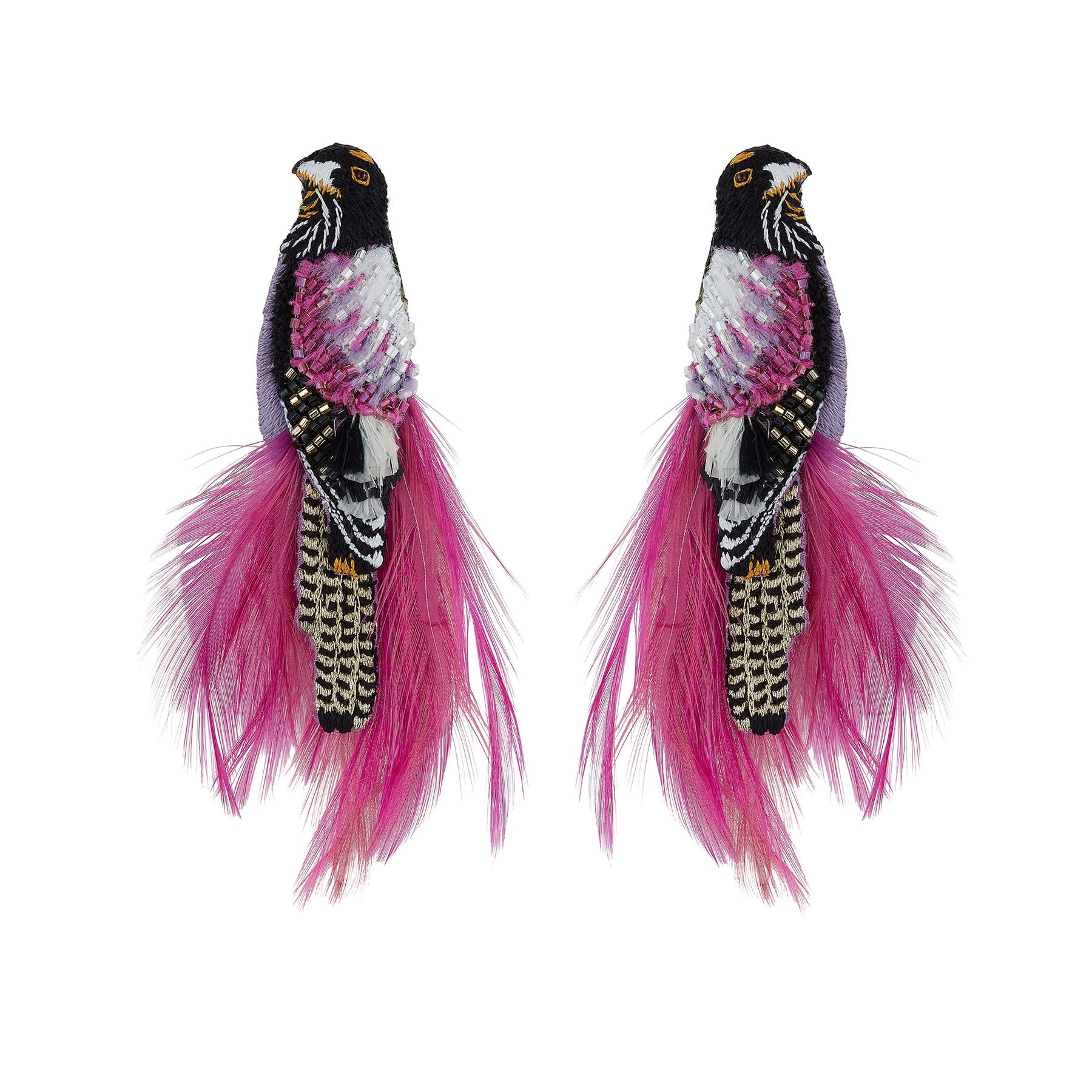 Pair of Embroidered Bird Earrings with Pink Feathers on Flat White Background