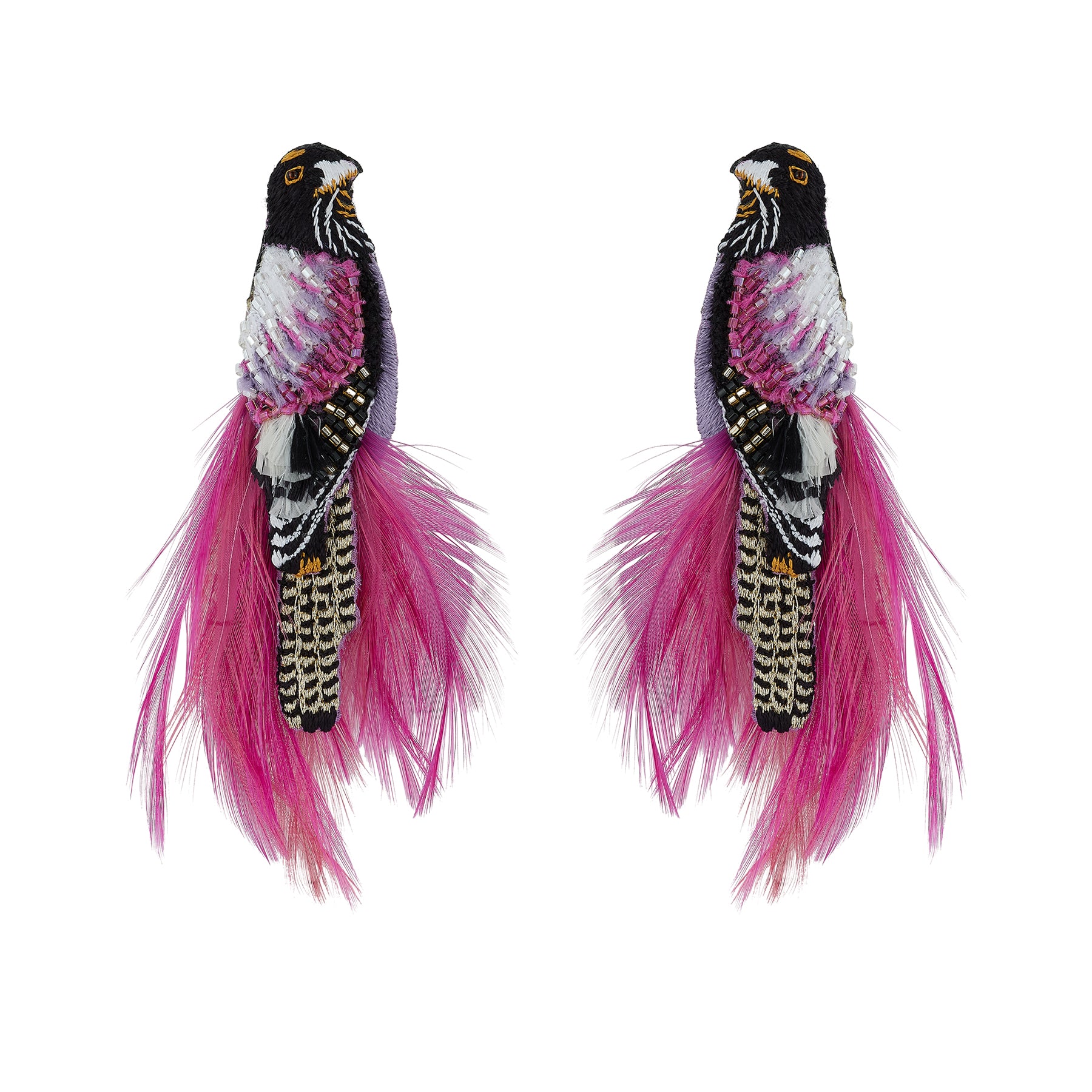 Pair of Embroidered Bird Earrings with Pink Feathers on Flat White Background