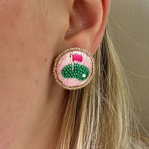 Pink, Green, and Gold Beaded Putting Green Stud Earrings Styled on Model